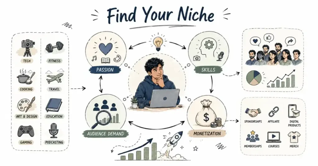 Content creation niche selection infographic showing passion, skills, audience demand, and monetization opportunities.