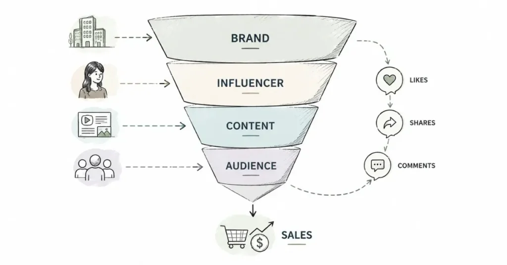 Brand-to-creator collaboration funnel leading to audience engagement and sales.