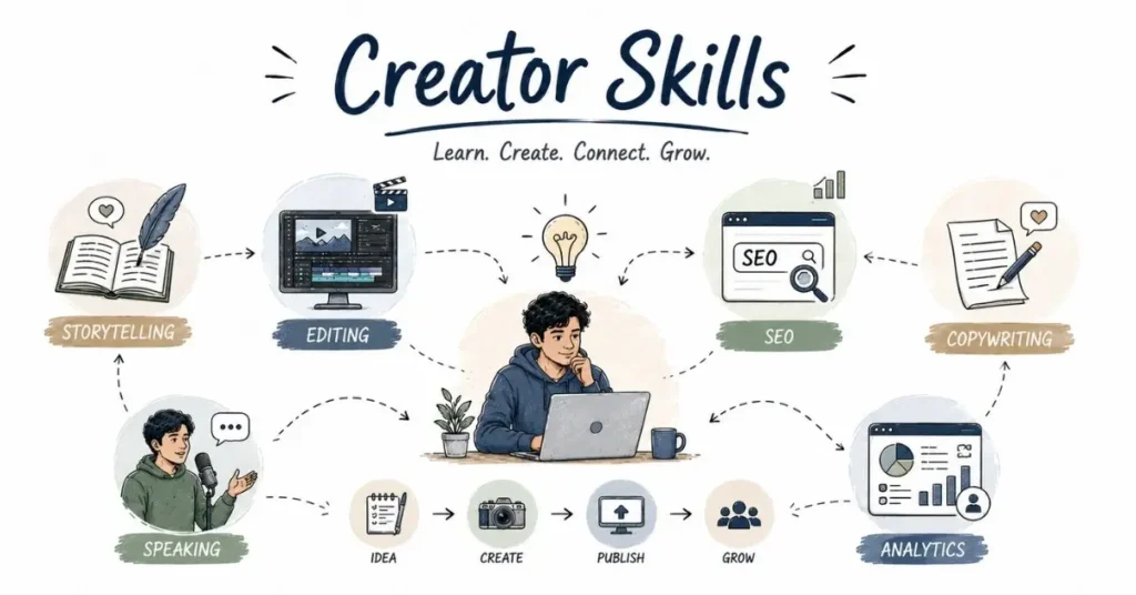 Creator skills infographic showing storytelling, video editing, SEO, copywriting, communication, and analytics.