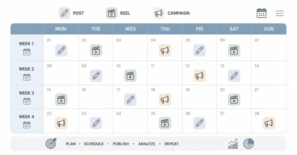 Social media content calendar showing weekly and monthly planning for posts, reels, and marketing campaigns.