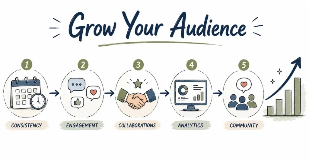 Audience growth roadmap showing consistency, engagement, collaboration, analytics, and community building.