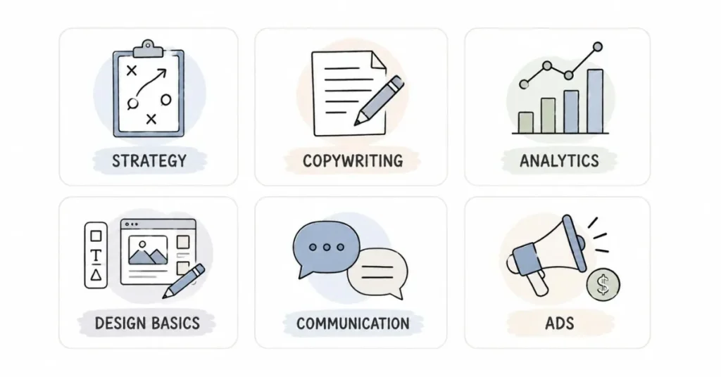 Essential social media manager skills including strategy, copywriting, analytics, communication, design, and advertising.