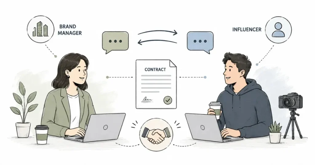 Brand manager and content creator discussing partnership terms and campaign agreements.