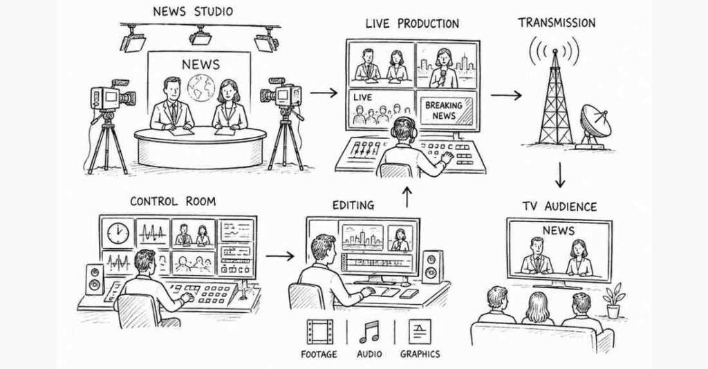 "Television broadcasting ecosystem with studio cameras anchors and live production setup"