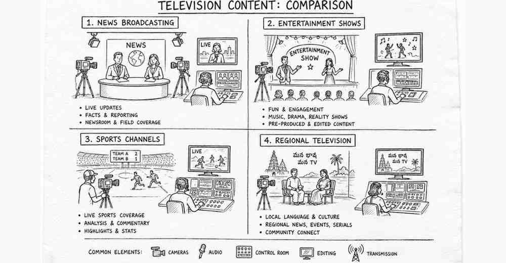 "Different television broadcasting categories including news sports and entertainment channels"