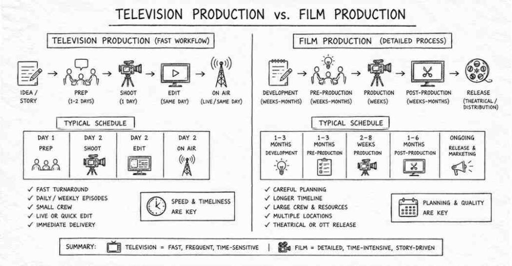 "Comparison between television production workflow and film production process"