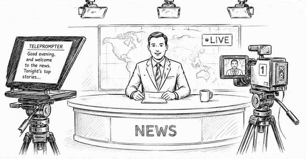"News anchor presenting live television news in professional studio setup"