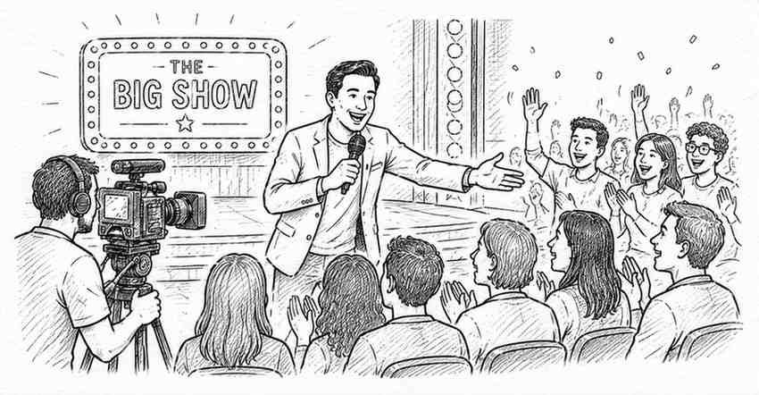 "Entertainment television host presenting live reality show program"