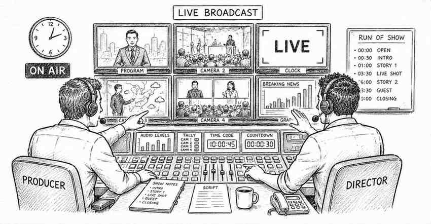 "Television producer and director managing live broadcast production workflow"