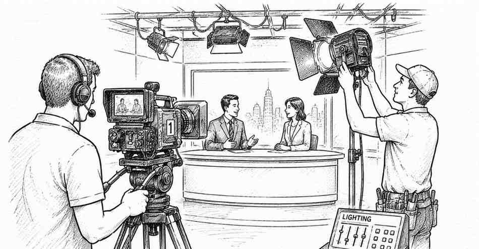"Camera operator and lighting crew working during television studio production"