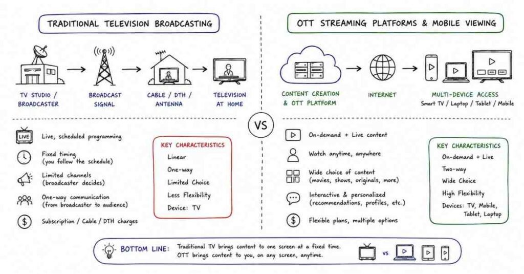 "Comparison between traditional television broadcasting and OTT streaming platforms"