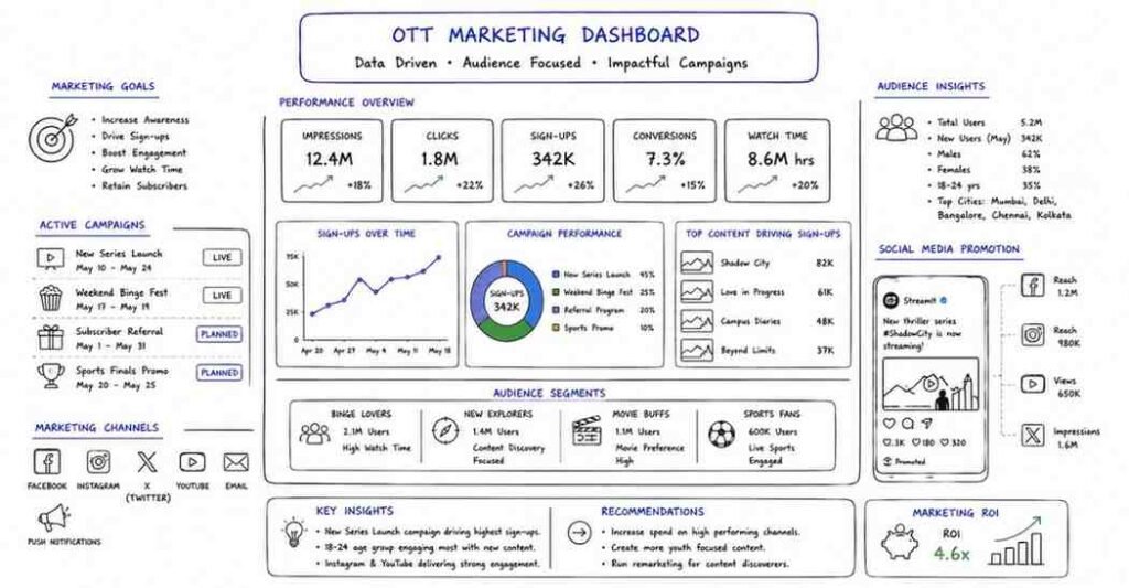 "OTT marketing and analytics team managing streaming platform campaigns and audience insights"