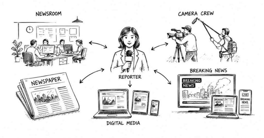 "Modern journalism ecosystem with reporters newsroom digital media and breaking news coverage"