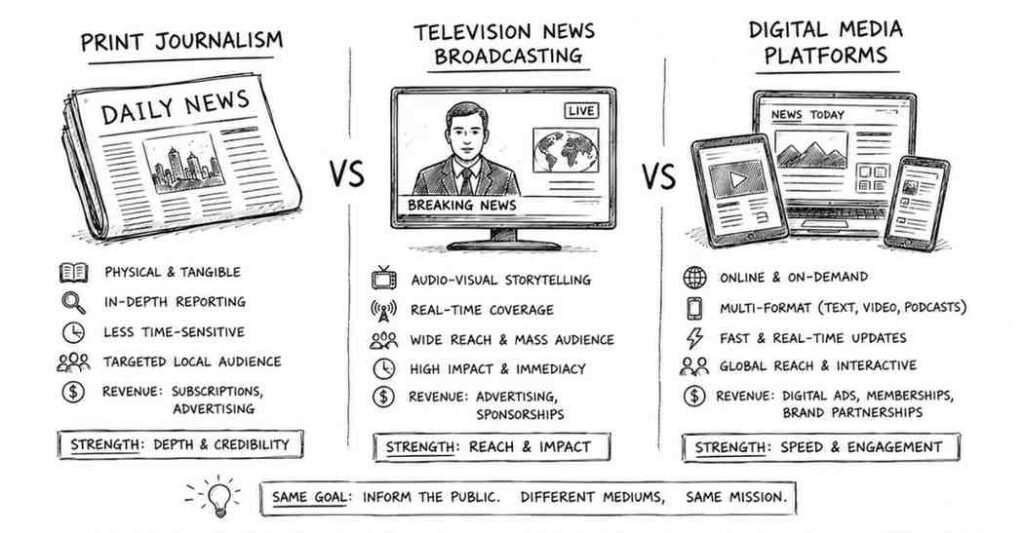 "Comparison between print television and digital journalism platforms in India"