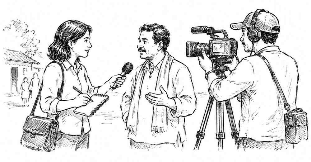 "News reporter covering live events and interviewing people for media stories"