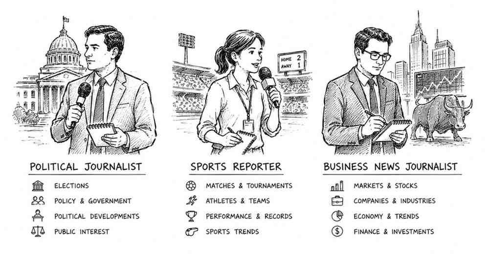 "Different journalism beats including political sports and business reporting careers"