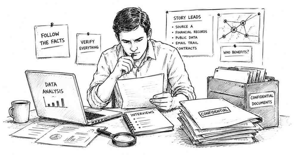 "Investigative journalist researching documents and uncovering important public interest stories"