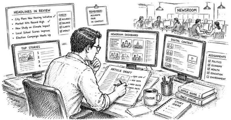 "News editor reviewing articles headlines and newsroom content before publishing"
