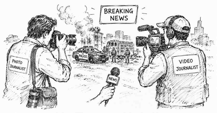 "Photojournalist and multimedia journalist covering news stories with cameras and video equipment"