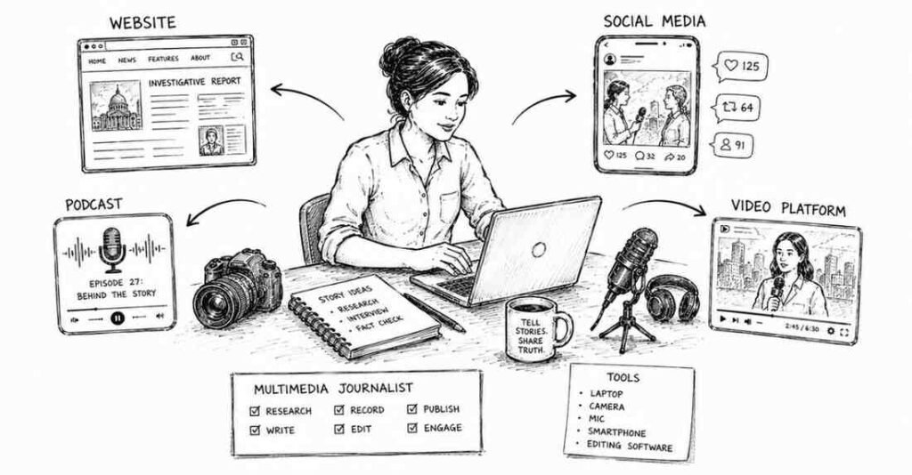 "Multimedia journalist creating digital news content for websites video and social media"