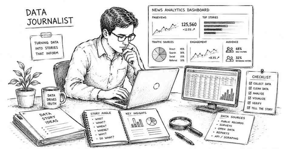 "Data journalist analyzing charts spreadsheets and digital news data for storytelling"