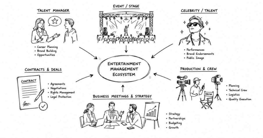 "Entertainment management ecosystem with talent managers event production and celebrity business operations"