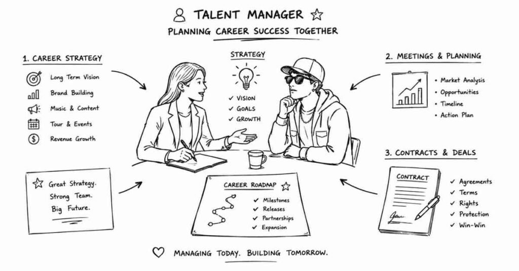"Talent manager guiding artist career growth contracts and entertainment opportunities"