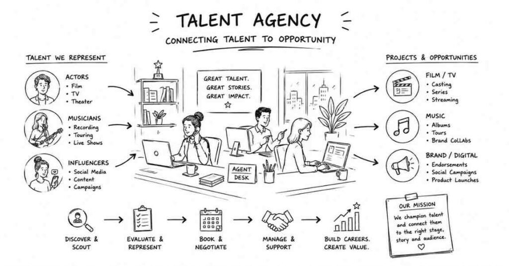 "Talent agency professionals managing artist bookings and entertainment representation"