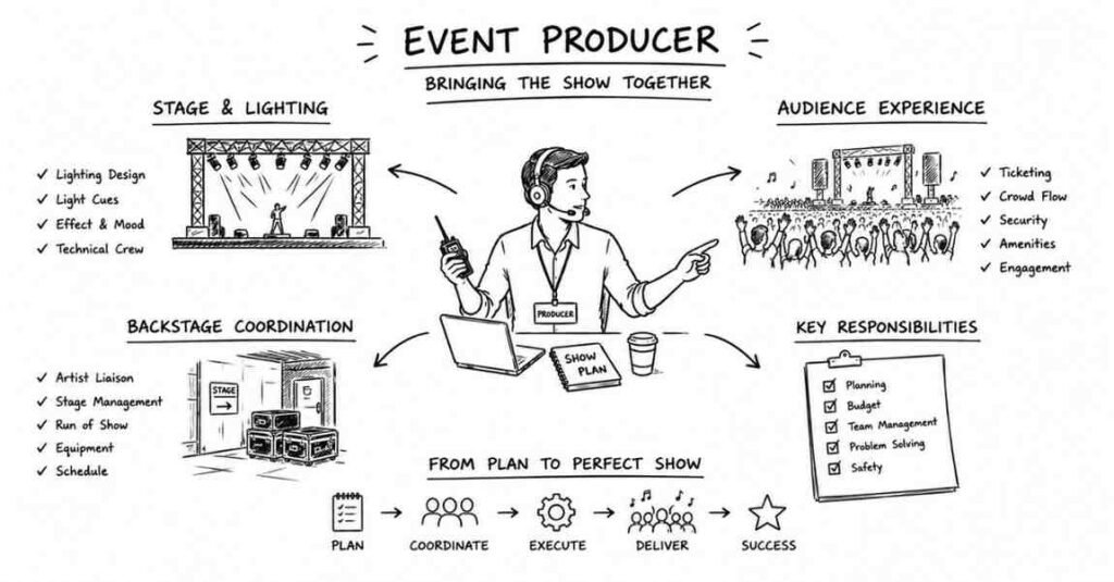 "Event producer coordinating concert production stage setup and entertainment logistics"