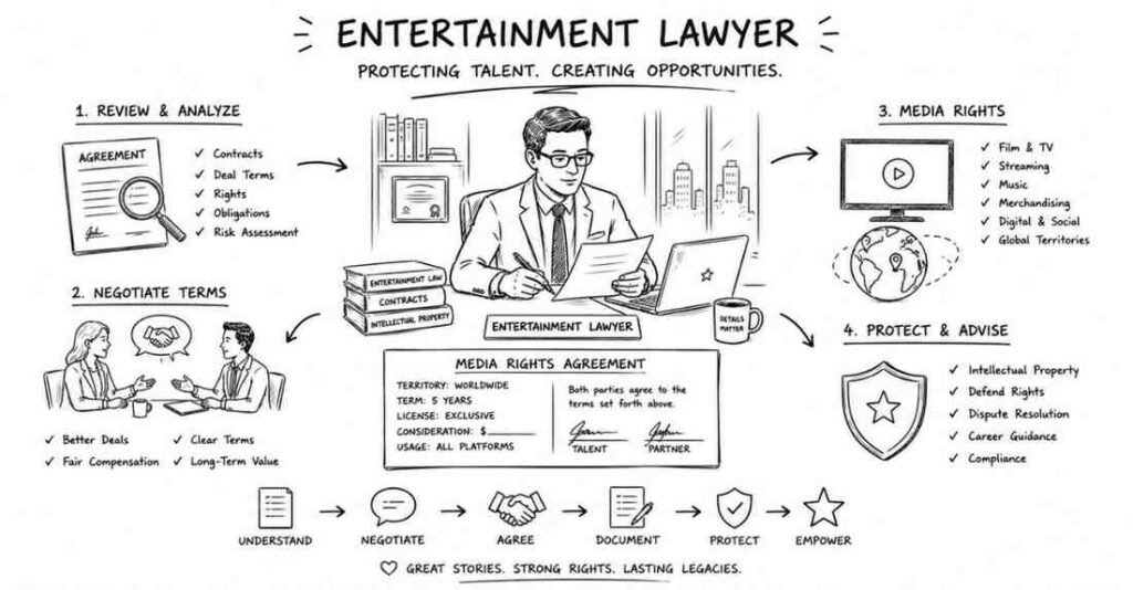 "Entertainment lawyer negotiating contracts and protecting media intellectual property rights"