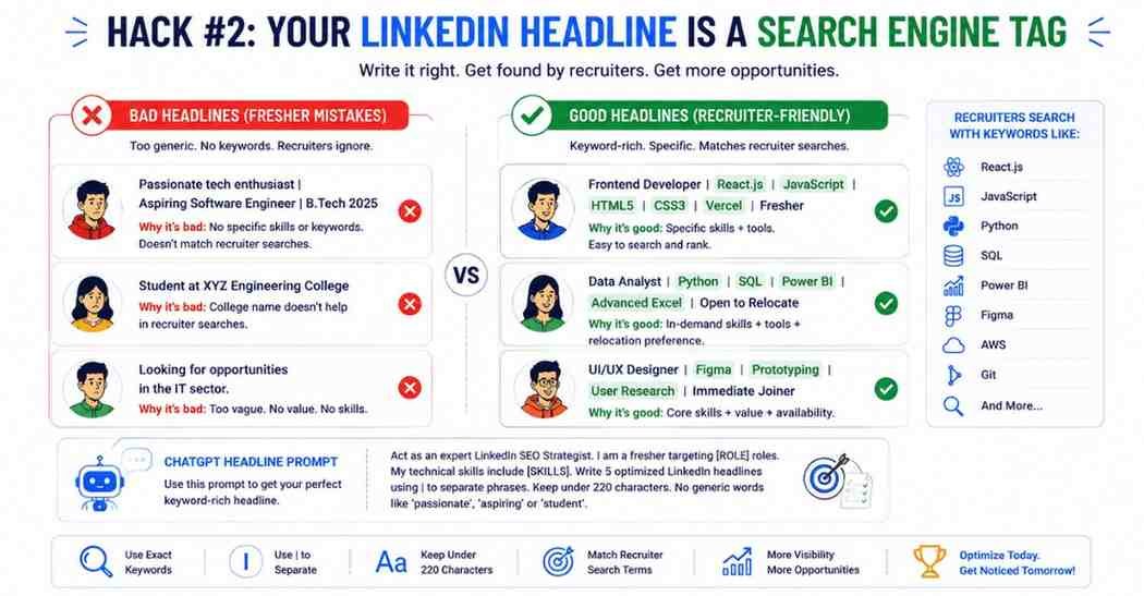 Bad LinkedIn headline vs optimized keyword headline comparison