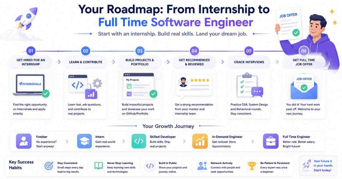 Internship → skills → portfolio → full-time job journey