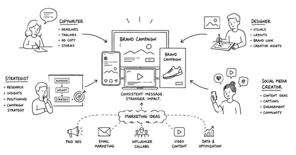 "Advertising and brand content ecosystem with creative strategists copywriters and digital marketers"