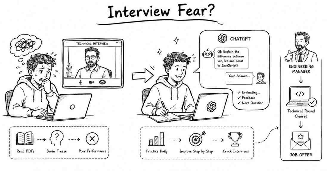 Nervous fresher sitting in technical interview vs AI mock interview practice
