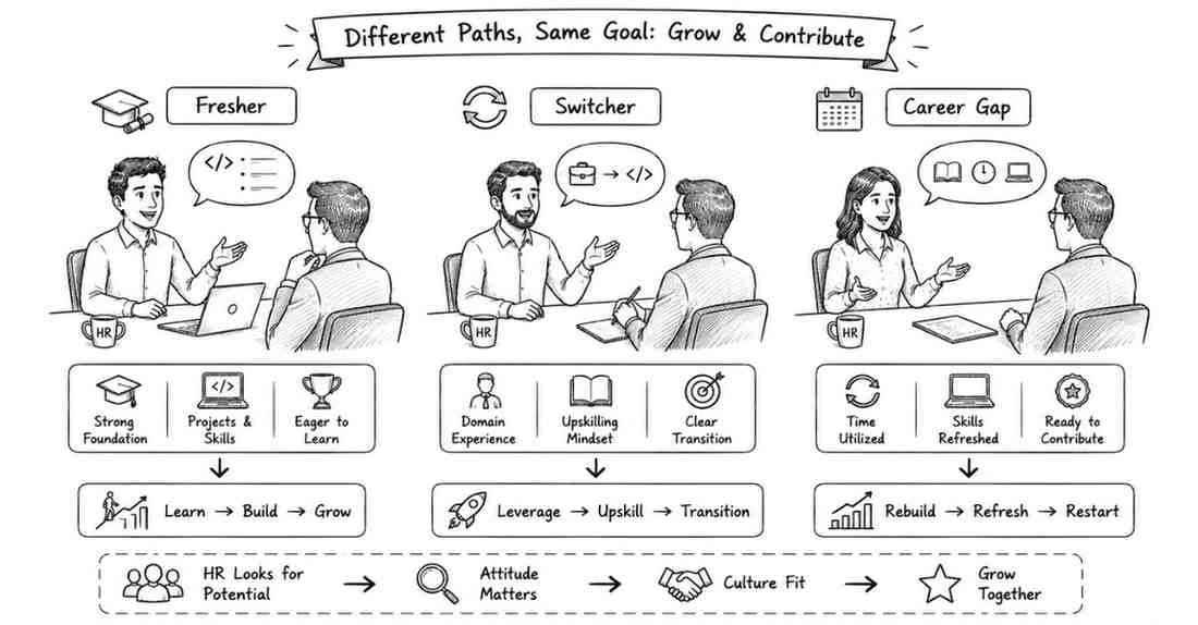 Three candidate personas: Fresher, Career Switcher, Career Gap candidate
