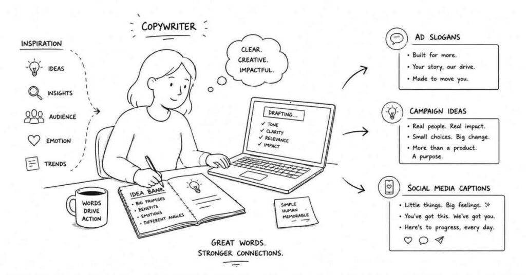 "Copywriter creating advertising campaigns slogans and social media content ideas"