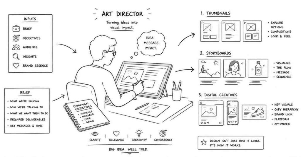 "Art director creating advertising visuals storyboards and social media campaign designs"
