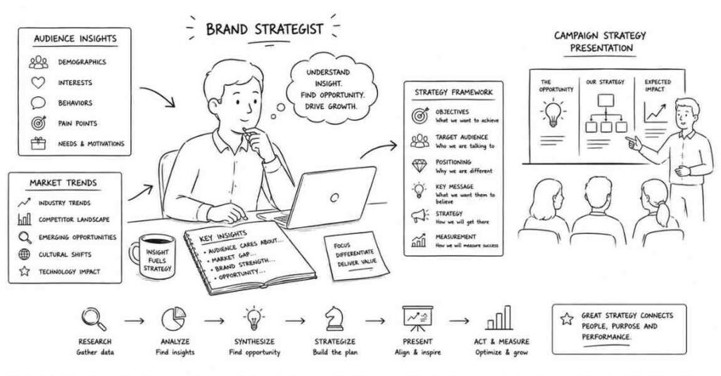 "Brand strategist analyzing consumer insights and advertising campaign strategies"