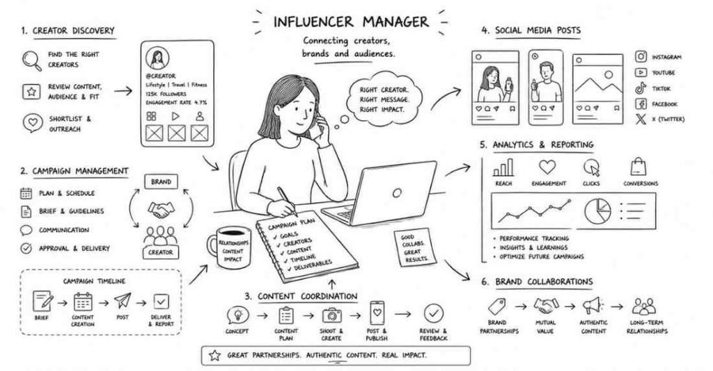 "Influencer marketing manager handling creator partnerships and social media campaigns"