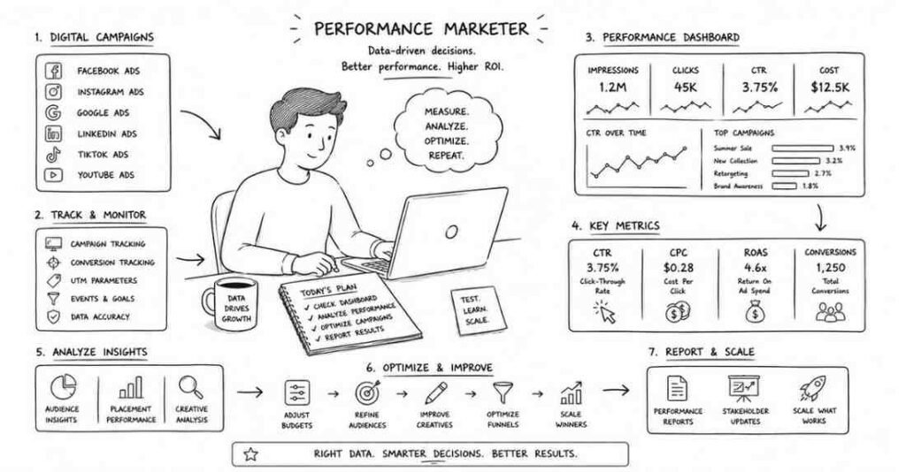 "Performance marketer analyzing advertising dashboards and digital campaign analytics"