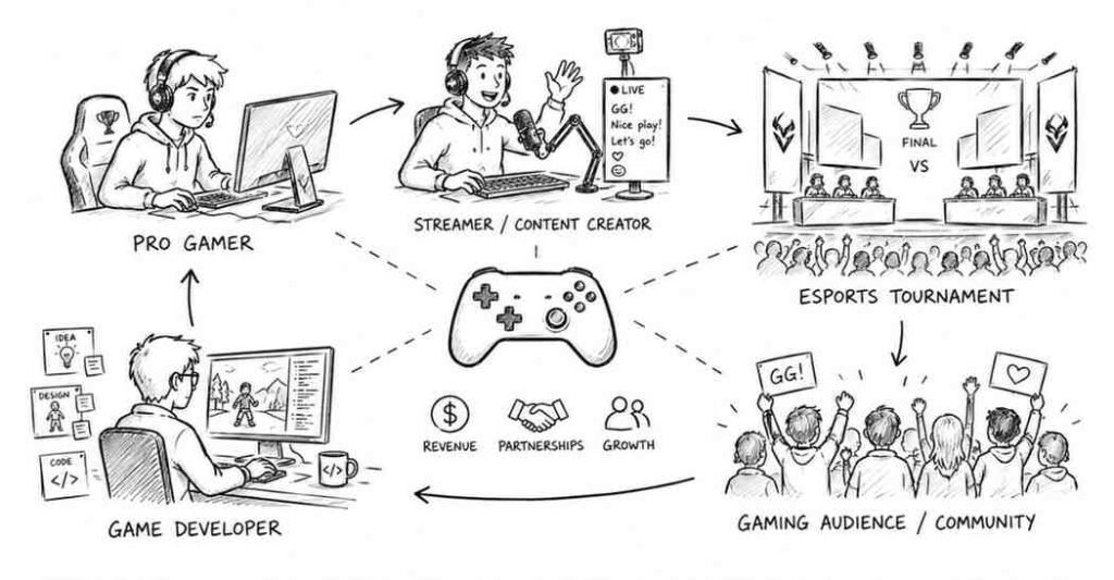 "Gaming and esports ecosystem with professional gamers streamers and tournament events"