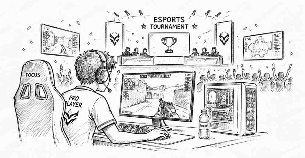 "Professional esports player competing in gaming tournament with team setup"