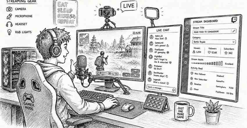 "Gaming streamer creating live content with audience interaction and streaming setup"