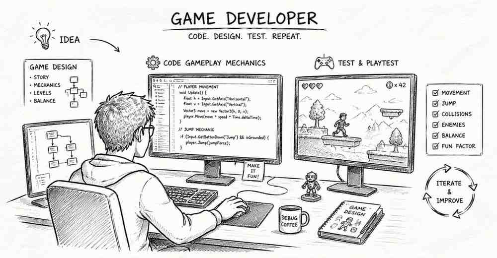 "Game developer creating gameplay systems and coding video game mechanics"