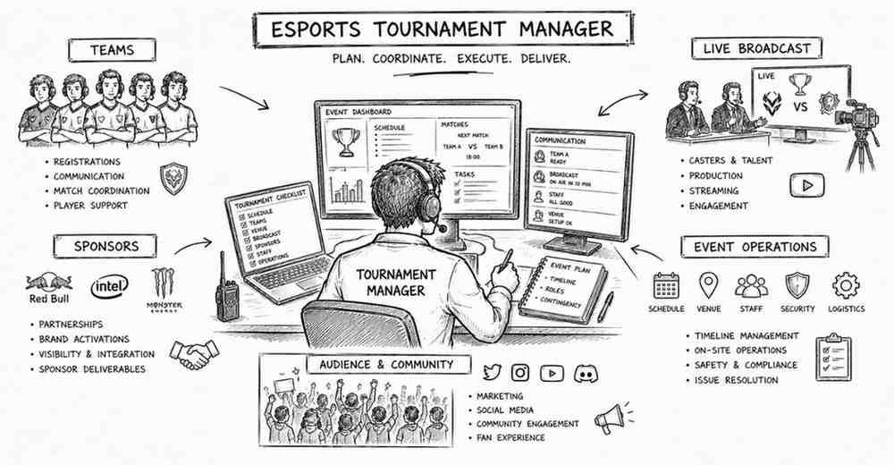 "Esports tournament manager organizing gaming competitions and live event operations"