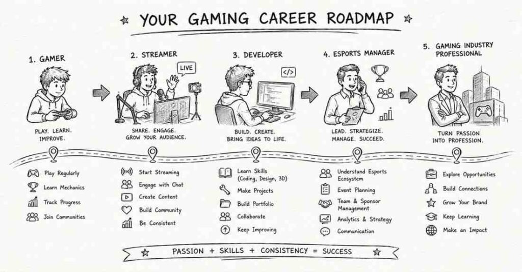 "Gaming and esports career roadmap from beginner to professional industry roles"