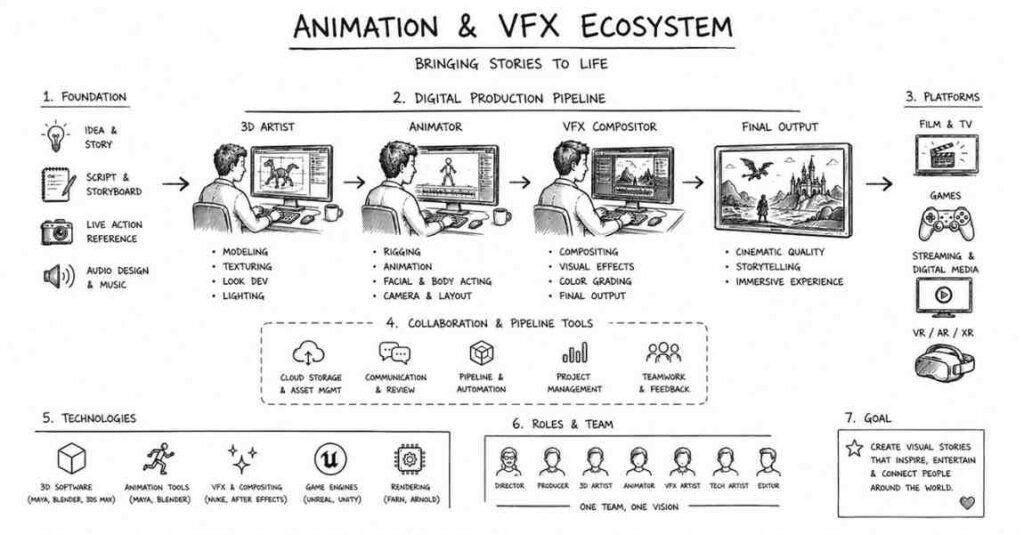 "Animation and VFX industry ecosystem with 3D artists animators and digital production studios"