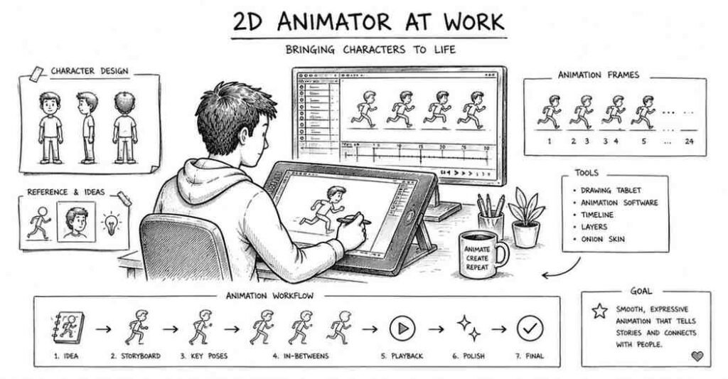 "2D animator creating digital character animation using drawing tablet and animation software"