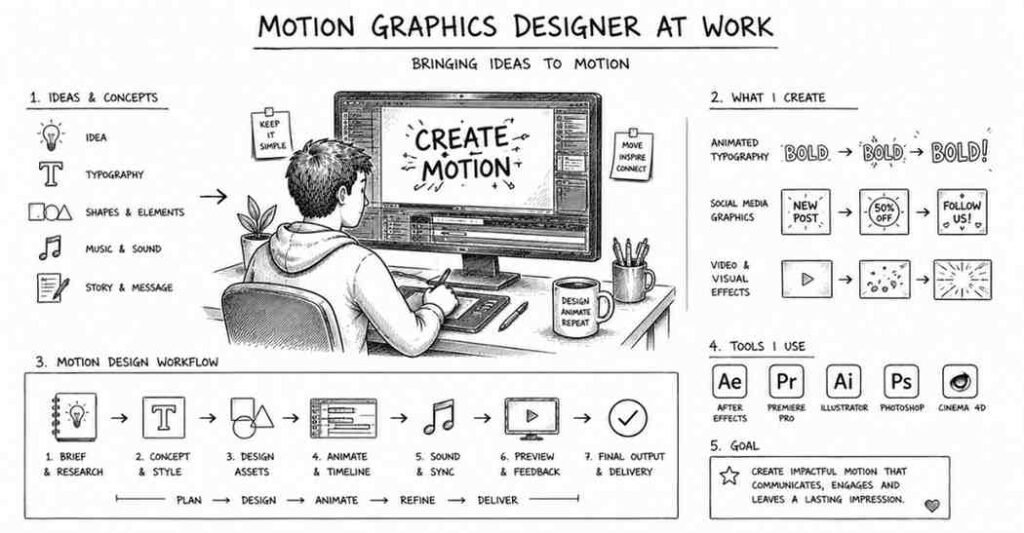 "Motion graphics designer creating animated visuals and digital video graphics"