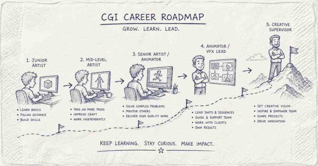"Animation and VFX career roadmap from beginner artist to supervisor and creative lead"